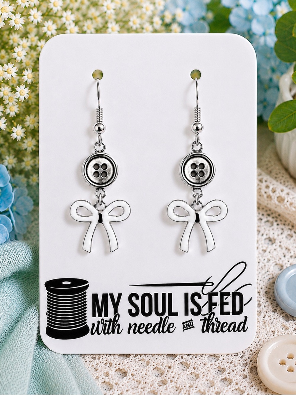 New Handmade Silver-Tone Button and White Bow Charm Dangle Earrings